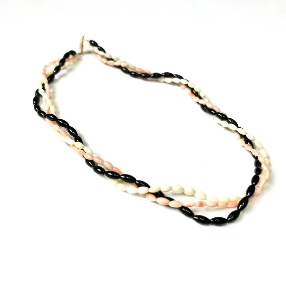 Vintage Pearl Coral Onyx Rice Bead Triple Strand Necklace 80s Hawaii